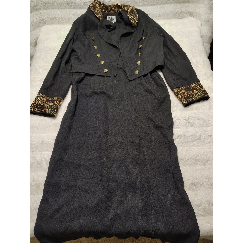 RJ & CO  - 2 PC Set Black DRESS W/ GOLD TRIM JACKET SIZE 14 Made In USA